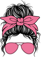   Trendy Woman Hair Bun with Pink Bow and Sunglasses, woman face with messy hair in a bun and long eyelashes