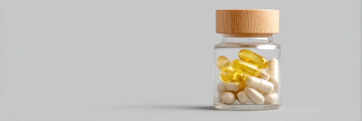 Glass Jar with Capsules on Minimalist Gray Background healthcare wellness glass jar capsules supplements yellow