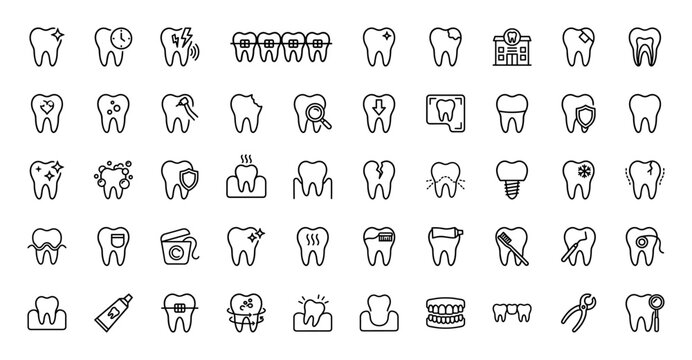 Dentistry line icon set. Vector pictograms of dental clinic, healthy tooth, tooth decay, sensitivity, filling, extraction, implant, braces, and oral hygiene tools, thin linear illustration.