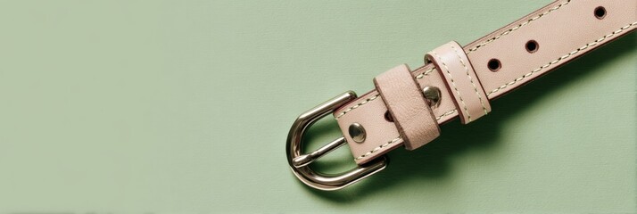 Close-up of beige leather belt on green background fashion accessories belt leather beige metal buckle