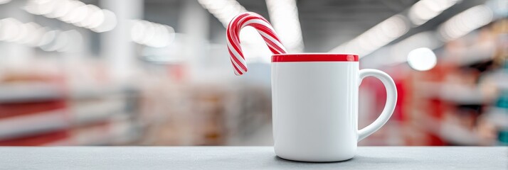 Festive red and white mug with candy cane in blurred background