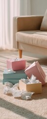 Colorful gift boxes with tissue paper in sunlit living room celebration interior gift boxes tissue paper colorful