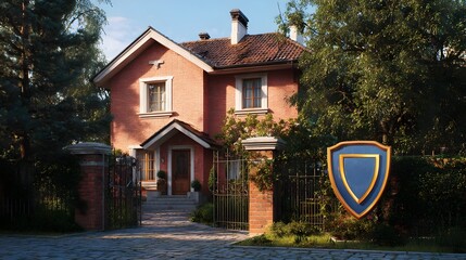 3D digital rendering of a residential house protected by a shield. Concept: home security, property protection, cybersecurity for smart homes, safety, emphasizing safeguarding residential property wit