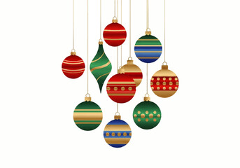 Christmas ornaments hanging on strings, festive decorations.