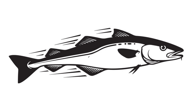Dynamic black and white illustration of a fast moving codfish, perfect for seafood branding, restaurant logos, or nautical designs, conveys speed and freshness