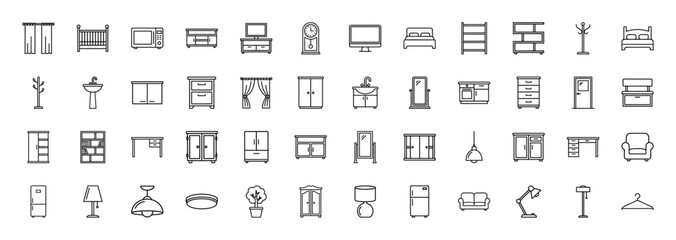 Obraz premium Home furniture and decor line icon set. Vector pictograms of grandfather clock, bed, wardrobe, mirror, desk, dresser, sink, bookshelf, lamps, and sofa, thin linear illustration.