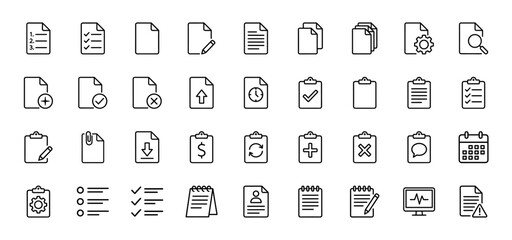 Obraz premium Document and file management line icon set. Vector pictograms of forms, checklists, reports, clipboards, calendars, and data, thin linear illustration.