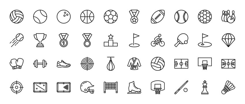 Sports and fitness line icon set. Vector pictograms of various balls, medals, athletic gear, courts, and competitive game elements, thin linear illustration.