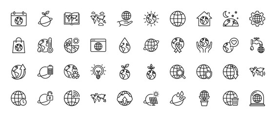 Environmental line icon set. Vector pictograms of earth in hands, world map, thermometer, recycling, energy, water, plant, solar panel, wind turbine, and global security, thin linear illustration.