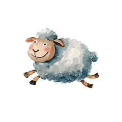 Cute Running Sheep Watercolor Illustration.