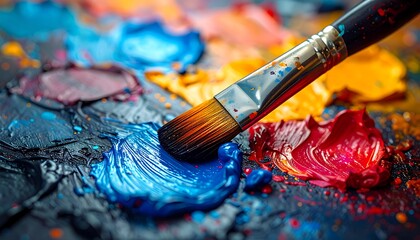 Palette with globs of wet colorful paints and a brush on top, close-up, vibrant hues, textured paint surface