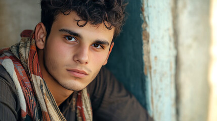 Fototapeta premium Portrait of young man wearing scarf leaning against wall