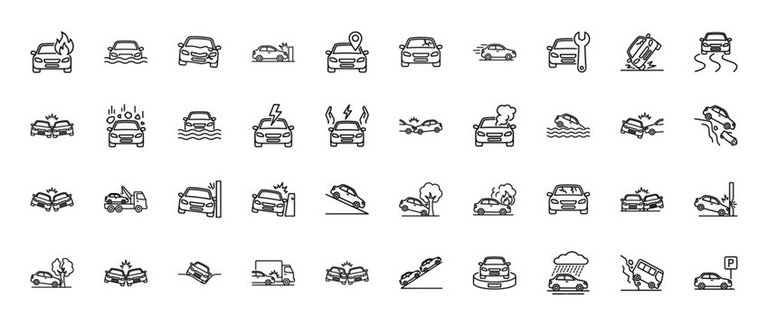 Automotive accident line icon set. Vector pictograms of damaged cars, collisions, crashes, breakdowns, and roadside assistance, thin linear illustration.