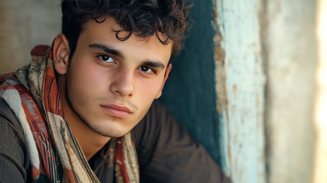 Portrait of young man wearing scarf leaning against wall - Powered by Adobe