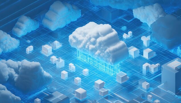 Digital network landscape with fluffy clouds and blocky structures