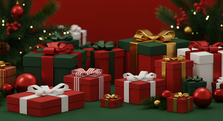 Festive Christmas scene with wrapped gift, candy canes, gingerbread cookies, snowflakes, ornaments on red background with warm lights, joyful holiday composition for winter marketing, greeting cards