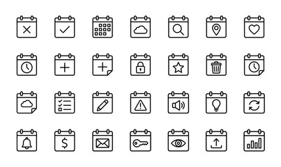 Fototapeta premium Calendar and date line icon set. Vector pictograms of schedule, search, location, cloud, time, lock, warning, bell, mail, lightbulb, chart, and settings, thin linear illustration.