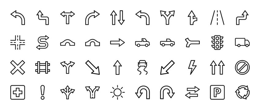 Navigation line icon set. Vector pictograms of directional arrows, traffic light, vehicles, road, intersection, bridge, parking, and warning signs, thin linear illustration.