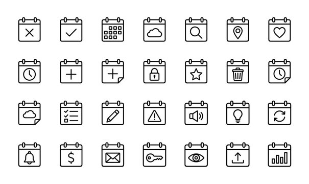 Calendar and date line icon set. Vector pictograms of schedule, search, location, cloud, time, lock, warning, bell, mail, lightbulb, chart, and settings, thin linear illustration.