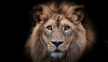 Fototapeta premium close up of a majestic lion n intense eyes and detailed fur in low key lighting