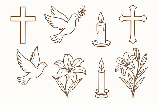 Vector illustration set of crosses doves candles and lilies elegant line art style isolated on white background