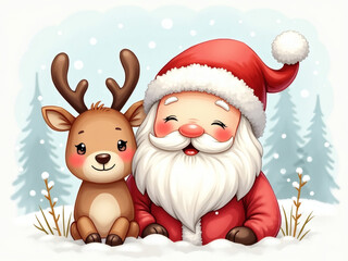 Joyful moments shared between Santa and his cheerful reindeer in a winter wonderland, capturing the magic of the festive season perfectly