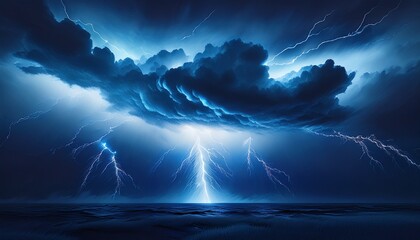 dramatic lightning strike in dark blue night sky with stormy clouds and dynamic weather
