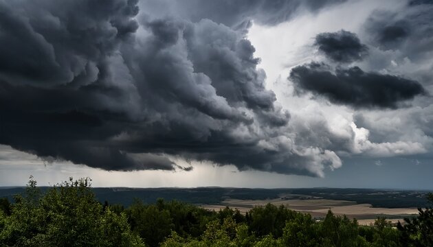 dramatic black and gray storm clouds fill the sky in ominous weather pattern - Powered by Adobe