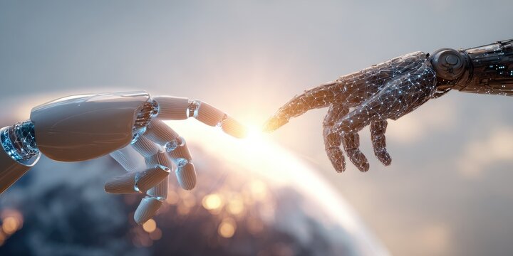 Two robot hands reaching, almost touching, with Earth in background, bright light - Powered by Adobe