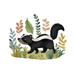 Cute Skunk Walking in Forest Foliage Adorable Woodland Animal Illustration.