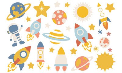 Adorable space-themed clipart featuring rockets, astronauts, planets, stars, and suns. Perfect for kids' crafts, nursery art, and digital projects in pastel space designs.
