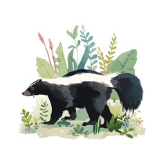 Cute Skunk Wildlife Illustration in Lush Green Foliage.