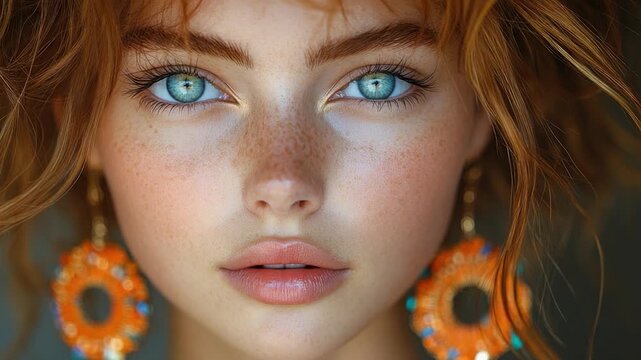 Close-up shot of a woman's face with noticeable freckles