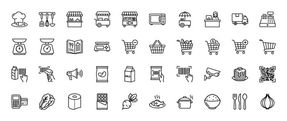 Fototapeta premium Retail and grocery line icon set. Vector pictograms of market stalls, shopping carts, payment terminals, food items, and kitchenware, thin linear illustration.
