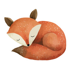 Cute Sleeping Fox Watercolor Illustration.