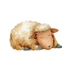 Cute Sleeping Sheep Watercolor Illustration on White.