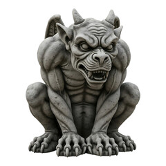 Stone gargoyle statue with horns and wings crouching aggressively, isolated on transparent background