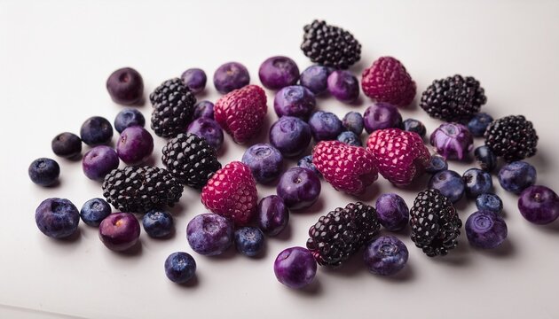 purple fresh berries scattered around on white background food temlate photo vintage hues