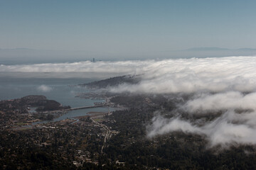 Fog drifting over coastal hills with city skyline faintly visible in the distance.