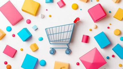 Colorful shopping cart surrounded by vibrant geometric shapes for creative promotional materials