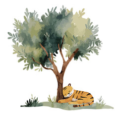 Cute Sleeping Tiger Under Tree Watercolor Illustration.