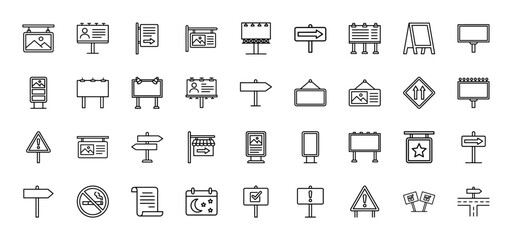 Naklejka premium Advertising and signage line icon set. Vector pictograms of billboards, street signs, information boards, advertising displays, and warning symbols, thin linear illustration.