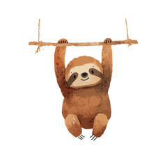 Cute Sloth Hanging on Branch Watercolor Illustration 2.