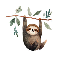 Cute Sloth Hanging on Branch Watercolor Illustration.