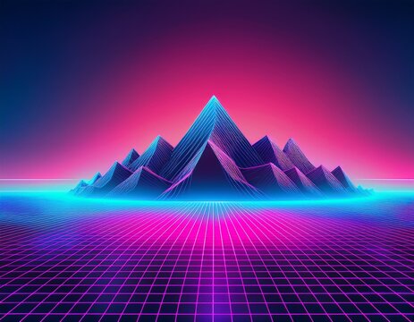 synthwave landscape with neon grid mountain against gradient purple and blue background