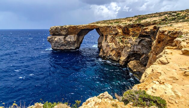 Natural rock arch formation over a blue sea, textured cliffs, and dramatic sky - Powered by Adobe