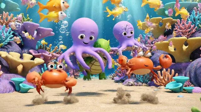 Diverse Group of Cartoon Sea Creatures (Octopus, Crabs, Fish) on a Vibrant Coral Reef