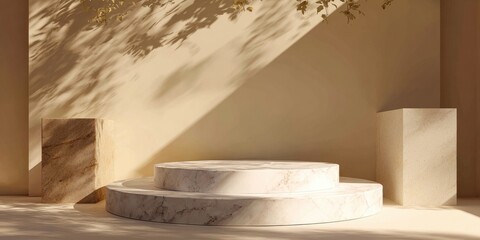 Marble stage platform with tree shadows against beige walls, sunlit scene