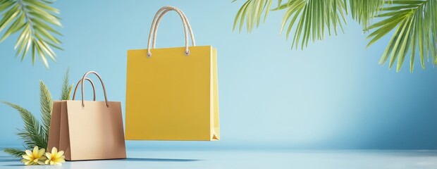 Shopping bags displayed against a pastel backdrop with tropical elements and ample copy space for promotions