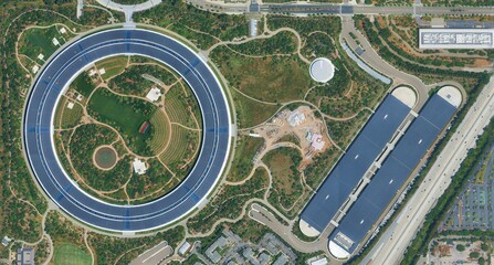 Futuristic Circular Corporate Campus in Silicon Valley Aerial View